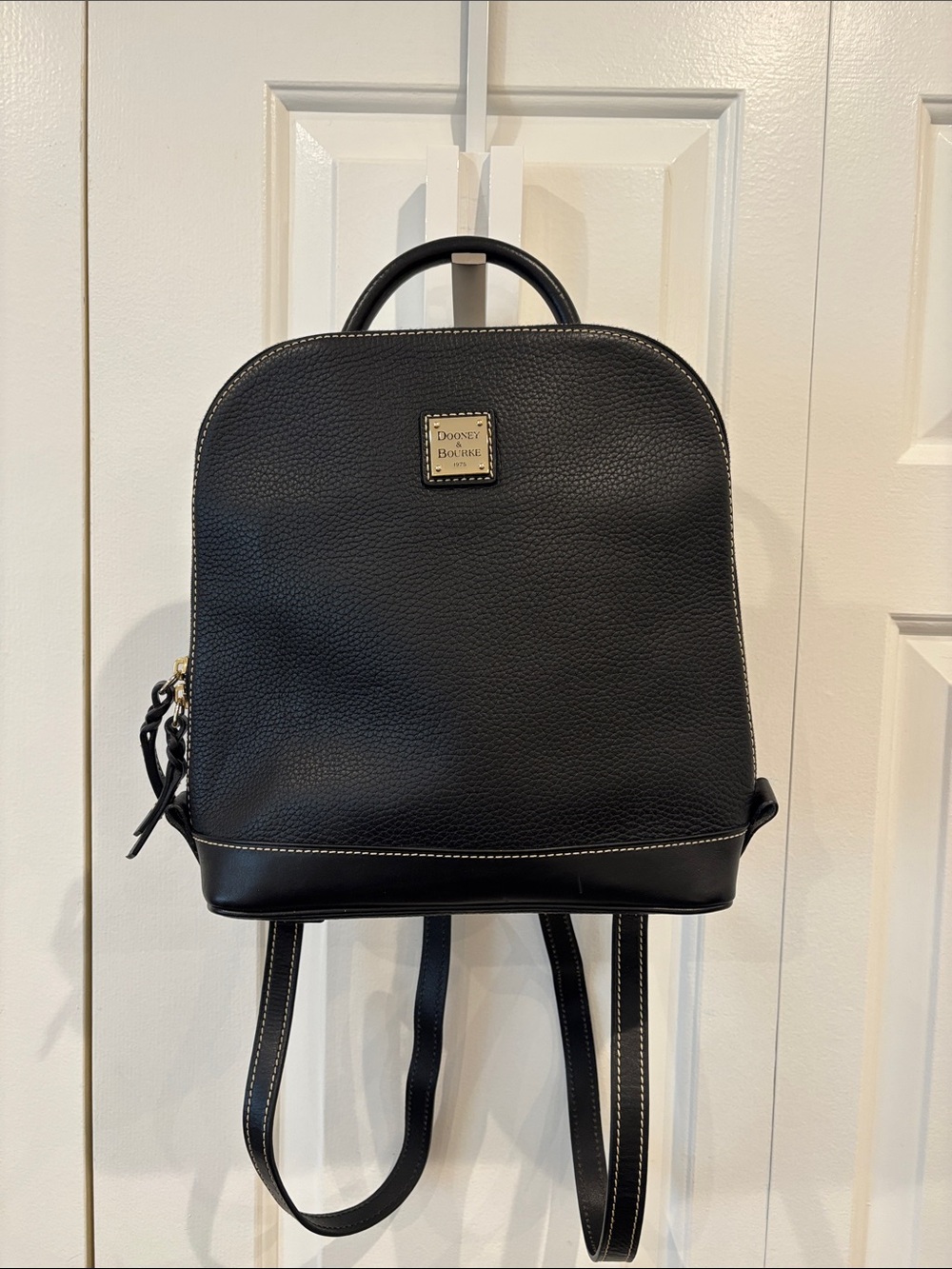 Dooney & Bourke Black Pebbled Leather Backpack with Gold Plaque
